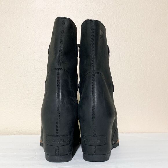 Sorel Joan of Artic Wedge Mid Women's 10 Black Leather Boots Booties Calf Length - Picture 5 of 9